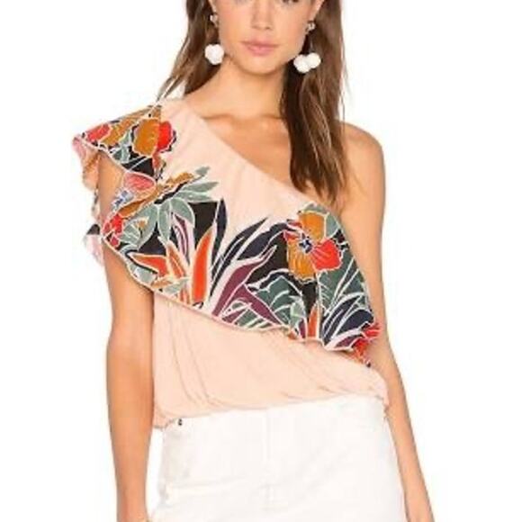 Free People Floral One Shoulder Ruffle Peach Top Size Large - Picture 1 of 8